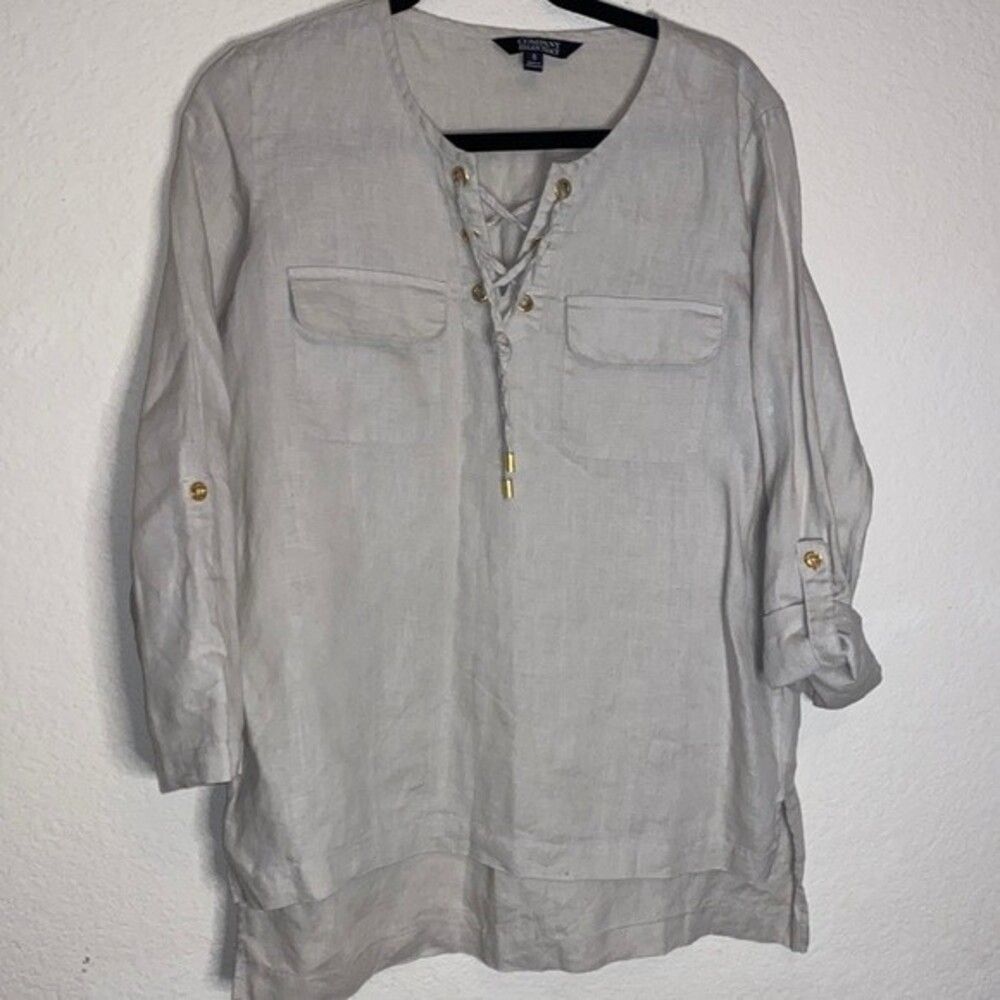 Ellen Tracy Beige linen blouse shirt quarter sleeve